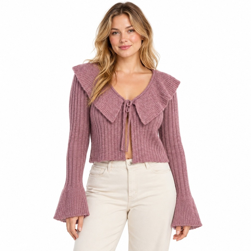 Wool Blend Flounce Tie Front Cardigan Large Dusty Rose Cropped Balletcore